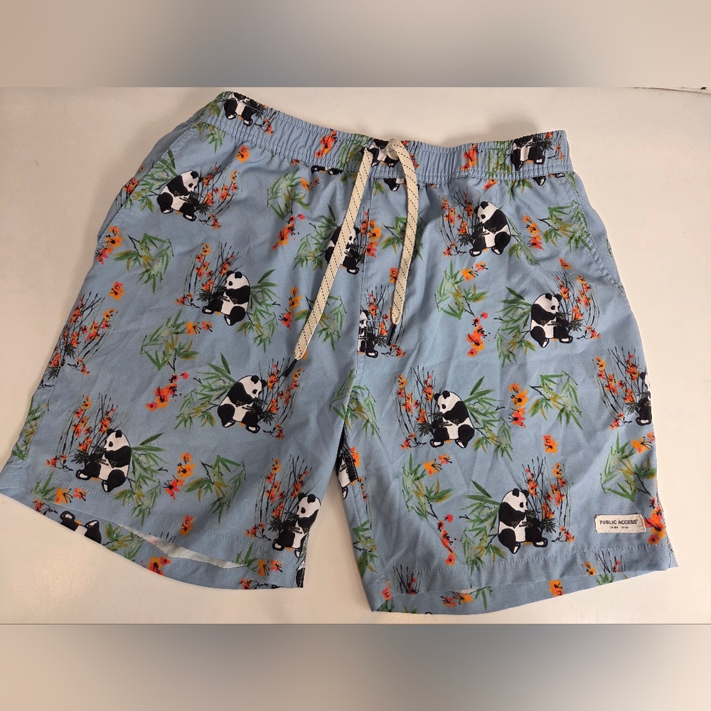 Public Access Brabd Men's Panda Print Swim Trunks - Blue Size Large